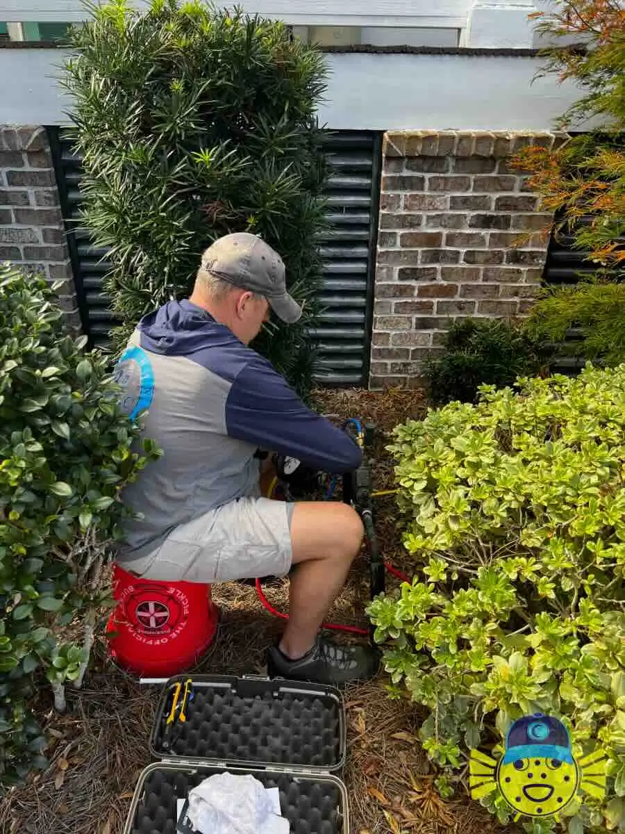 Swell Guy Plumbing technician performing backflow testing on an outdoor assembly in Goose Creek, SC