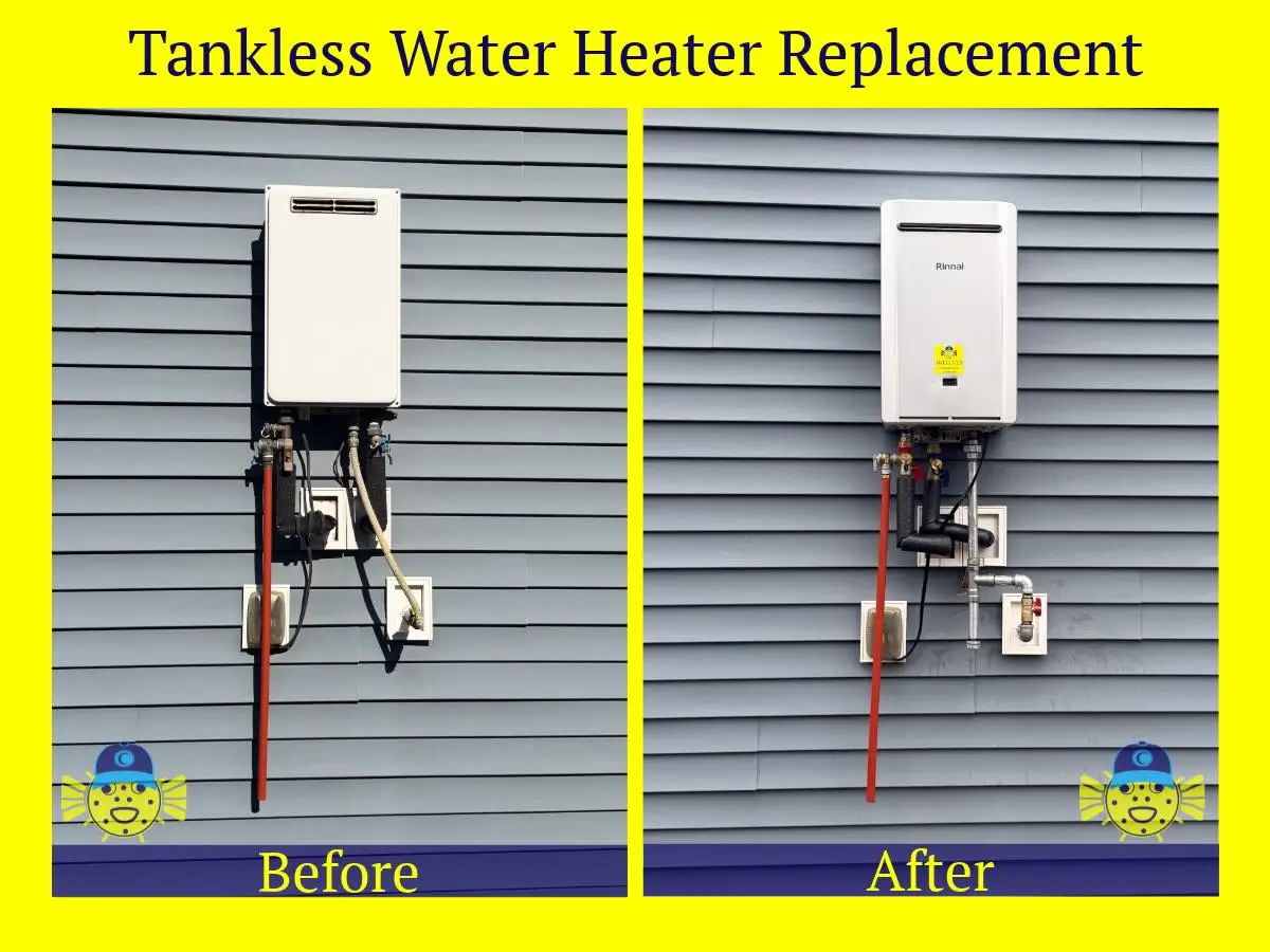 Before and after comparison of an outdoor tankless water heater replacement in Hanahan, SC by Swell Guy Plumbing.