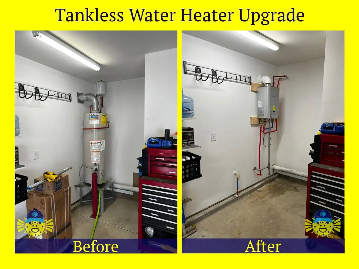 Before and after comparison of a traditional tank water heater replaced with a wall-mounted tankless water heater upgrade by Swell Guy Plumbing in Hanahan, SC.
