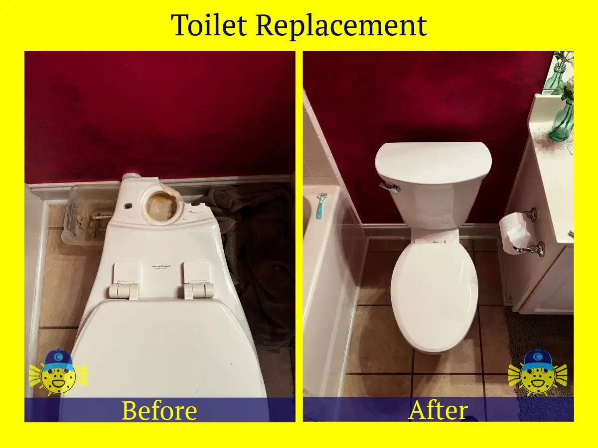 Before and after comparison of a broken toilet replacement completed by Swell Guy Plumbing in Hanahan, SC.