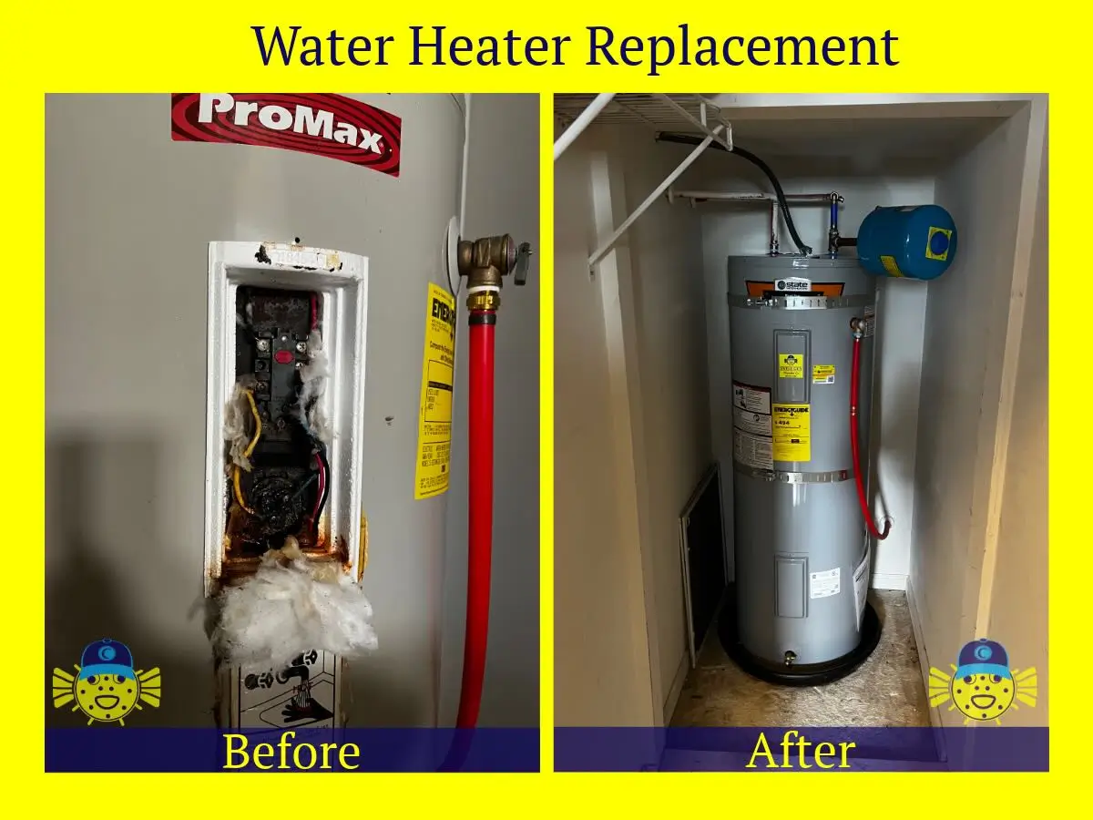 Before and after comparison of a water heater replacement in Goose Creek, SC by Swell Guy Plumbing, showing burnt electrical components replaced with a new installed State water heater.