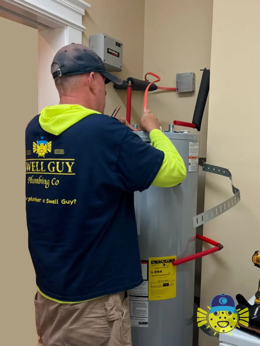 Swell Guy Plumbing technician installing a new electric water heater during a replacement service in Charleston, SC.