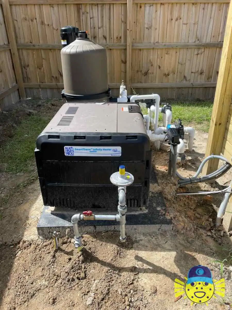Newly installed natural gas line connected to a SmartTherm Infinity pool heater by Swell Guy Plumbing in Summerville, SC.