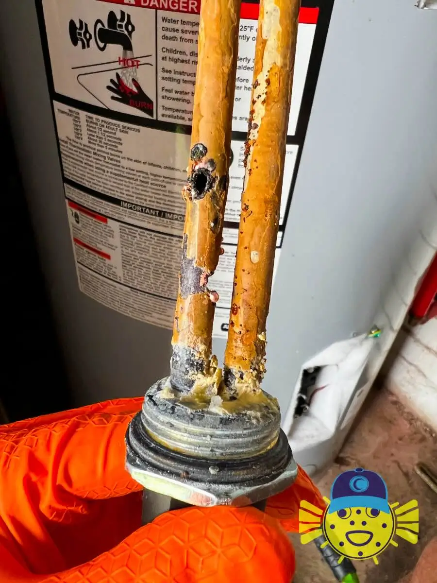 Plumber replacing a corroded, burnt-out water heater heating element in Hanahan, SC by Swell Guy Plumbing.