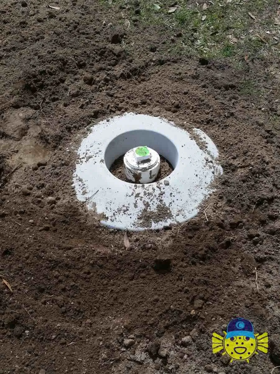 Newly installed PVC sewer tap cleanout pipe surrounded by a protective collar in dirt, completed by Swell Guy Plumbing in Hanahan, SC.