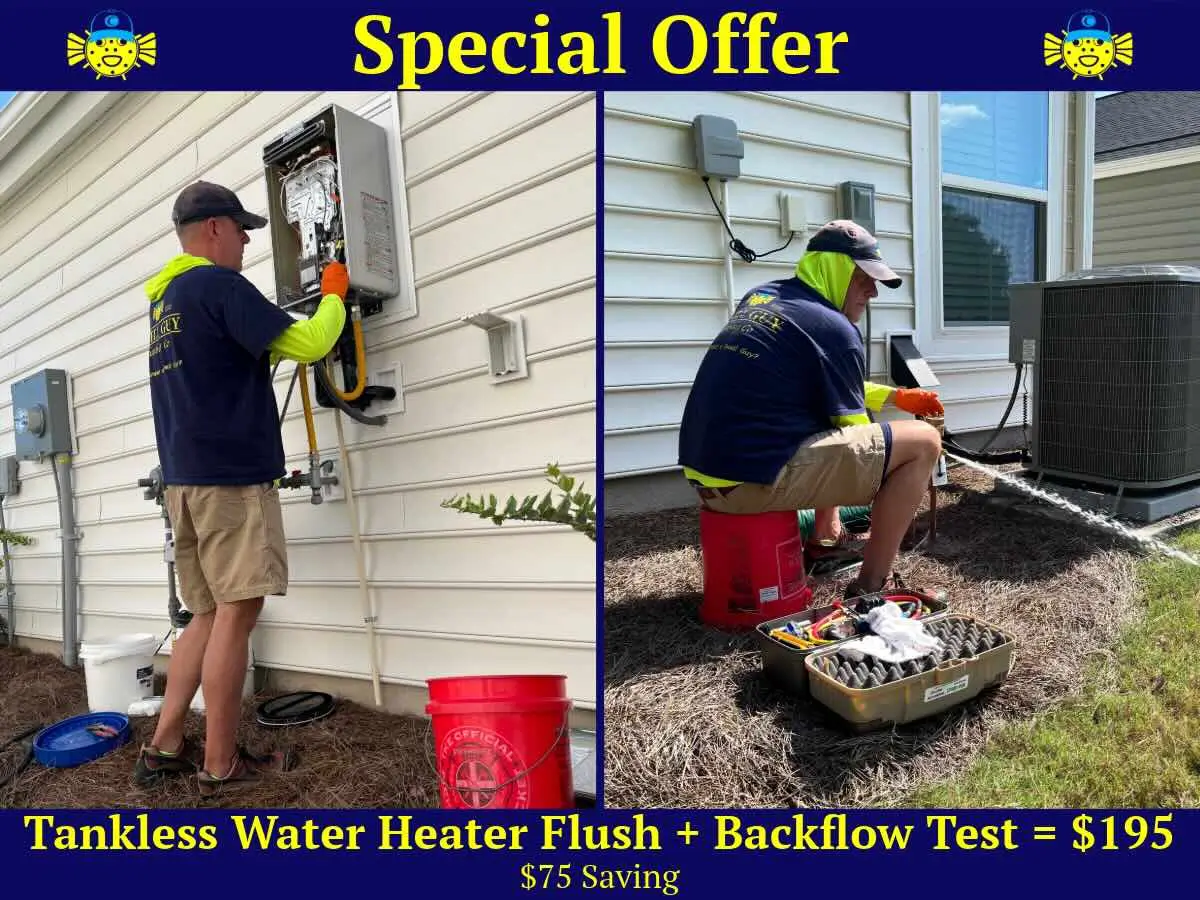Special offer from Swell Guy Plumbing in Charleston, SC: Tankless Water Heater Flush plus Backflow Test for $195, a $75 savings.