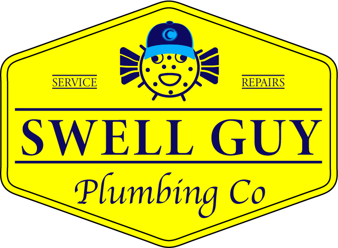 Swell Guy Plumbing Co. logo featuring a yellow badge with a pufferfish mascot wearing a blue baseball cap