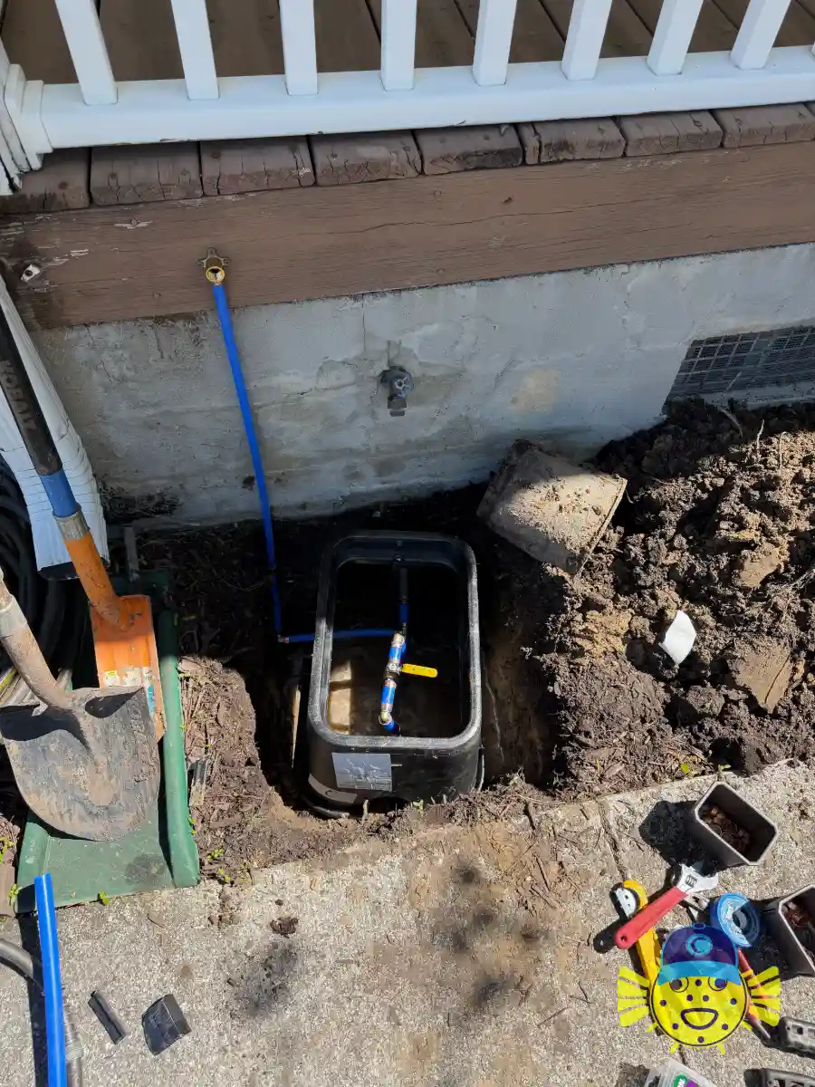 Newly installed outdoor main water shut-off valve with yellow handle inside an underground valve box by Swell Guy Plumbing in North Charleston, SC.