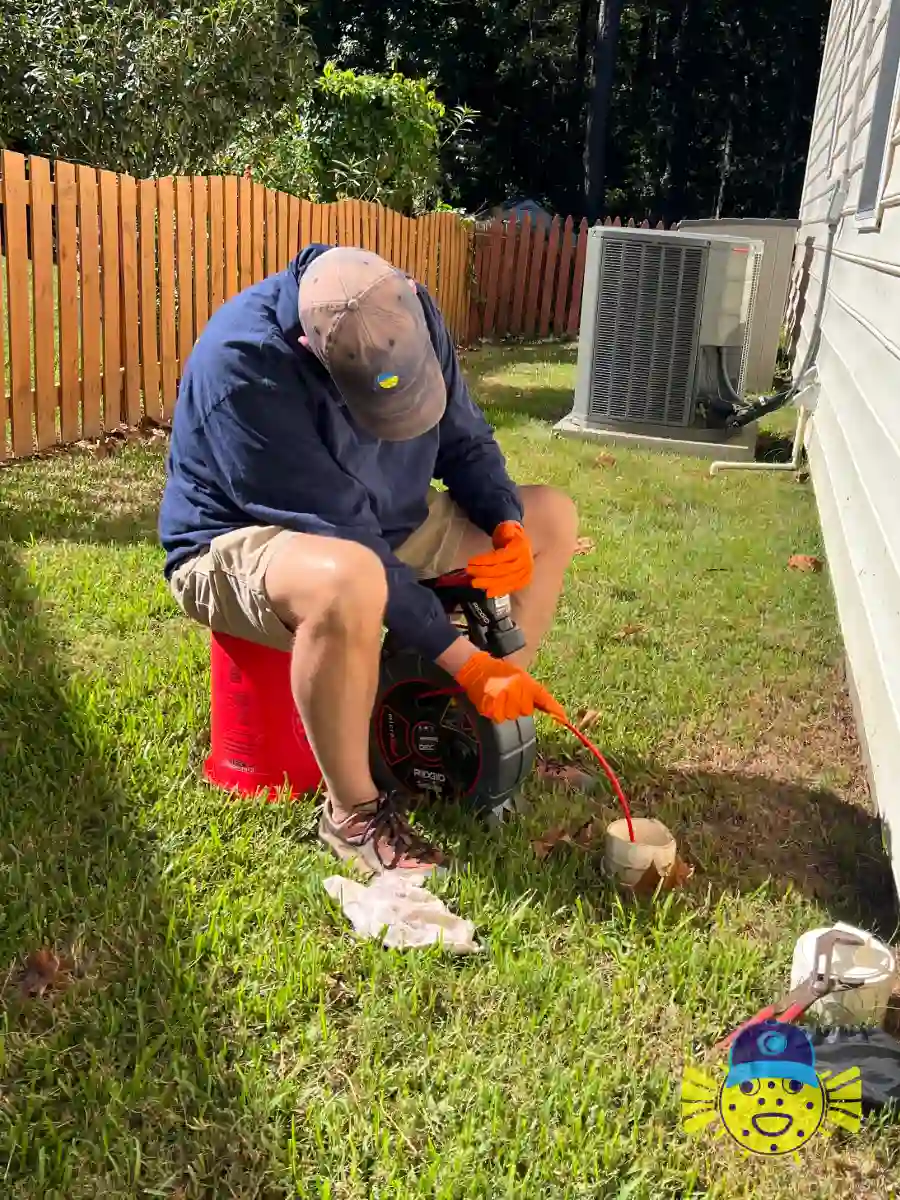 Swell Guy Plumbing technician performing a sewer line camera inspection outside a residential home in Hanahan, SC.