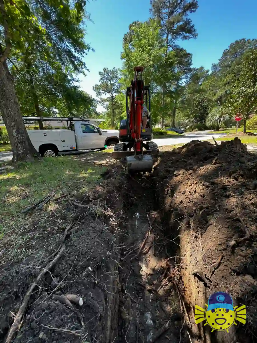 Swell Guy Plumbing mini excavator digging a trench for a sewer line replacement in a residential yard in the Lowcountry.